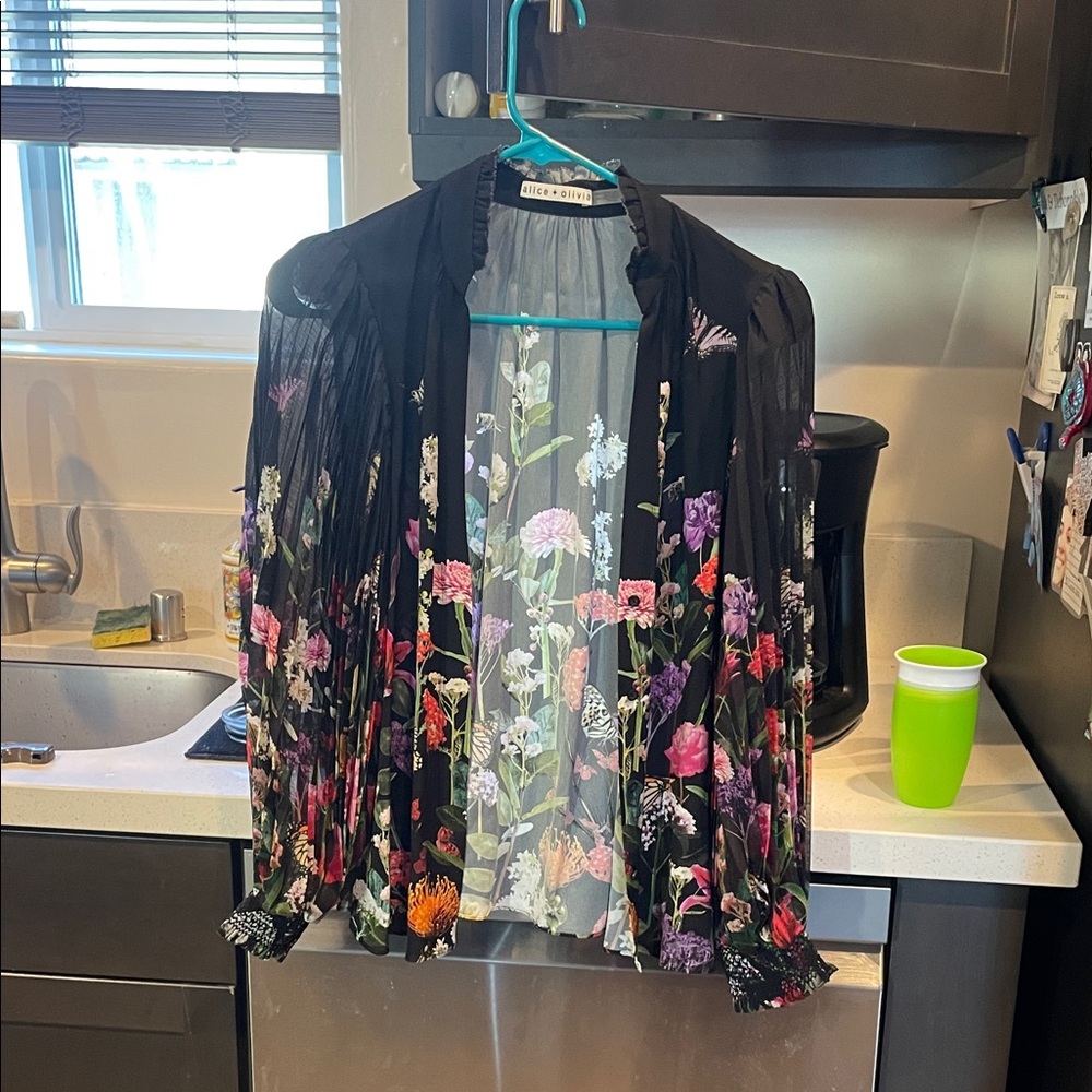 Alice + Olivia Black Floral Sheer Blouse